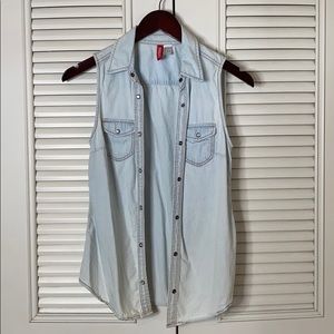 blue denim button down vest